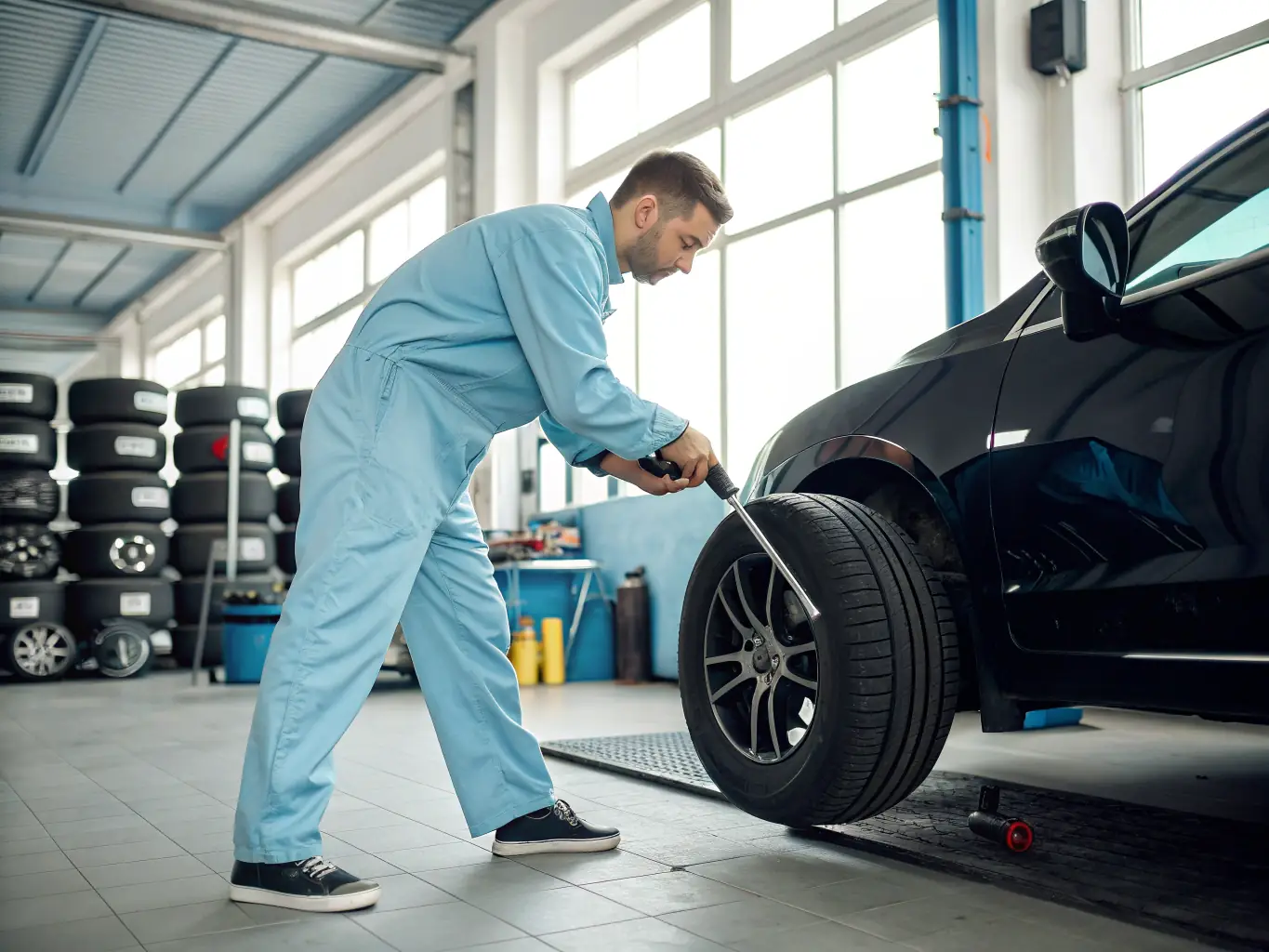 A mechanic is rotating the tires on a car, ensuring even wear and extending the life of the tires, highlighting the importance of tyre maintenance.