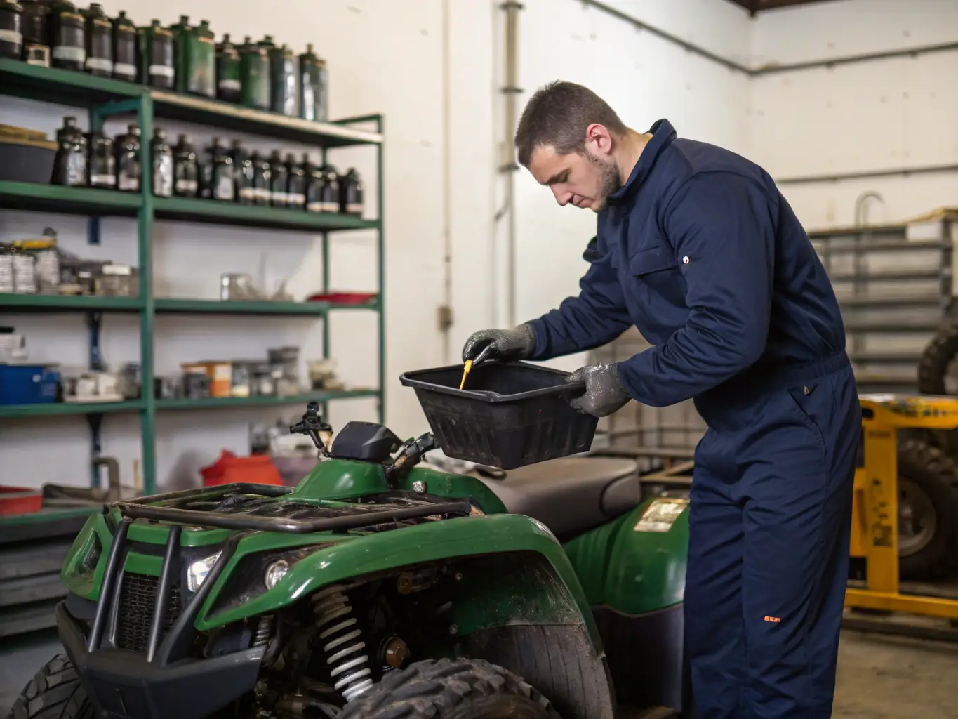 A mechanic in a clean and organized garage is performing an oil change on a car, with various tools and equipment neatly arranged around him, emphasizing the precision and care involved in preventive maintenance.