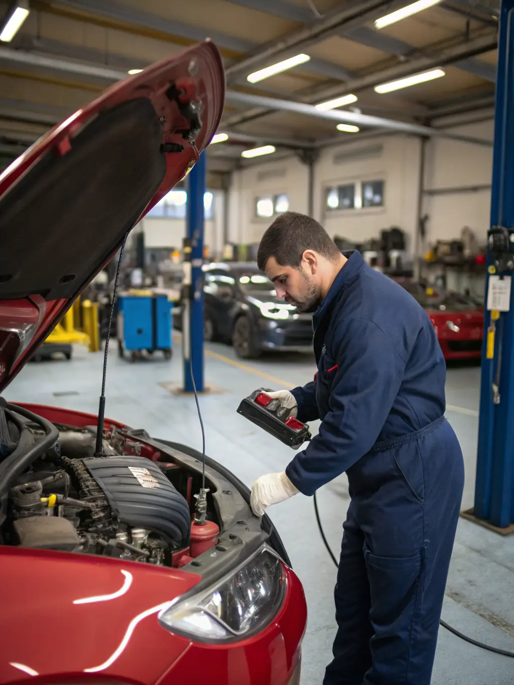 A mechanic performing logbook servicing on a modern car, meticulously following the manufacturer's guidelines.