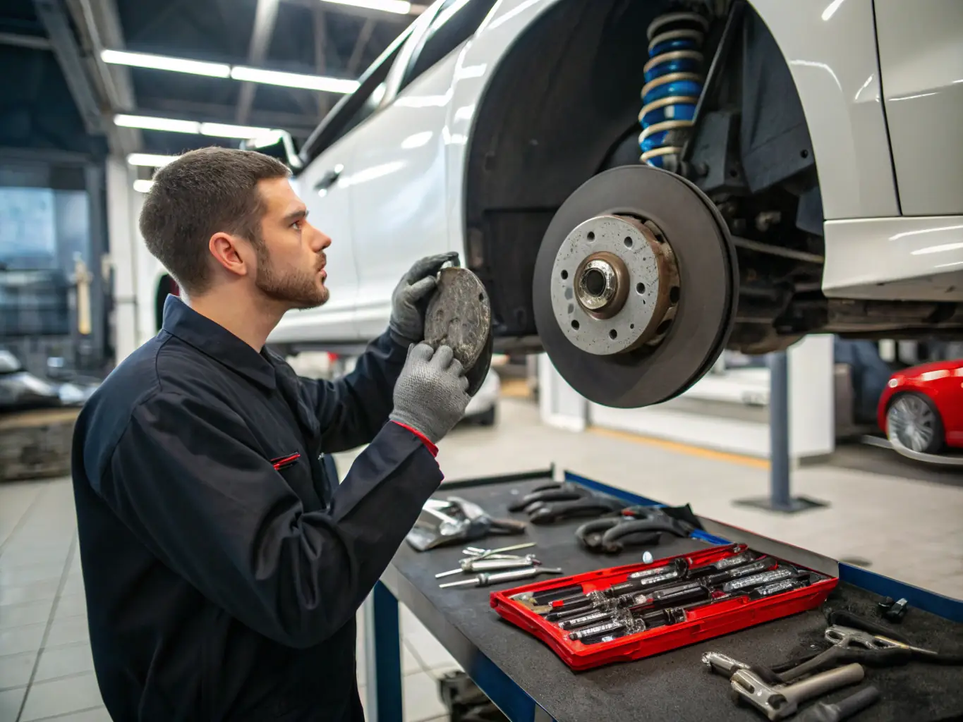 A mechanic is checking the brake pads and fluid levels on a car, ensuring the braking system is functioning correctly and highlighting the importance of brake maintenance for safety.