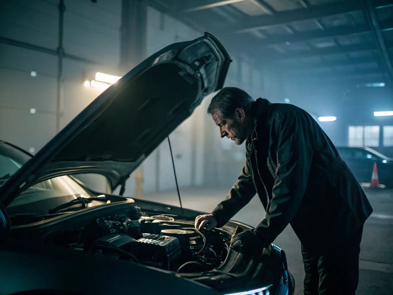 A mechanic meticulously inspecting the undercarriage of a used car during a pre-purchase inspection, using a flashlight to check for rust and damage.