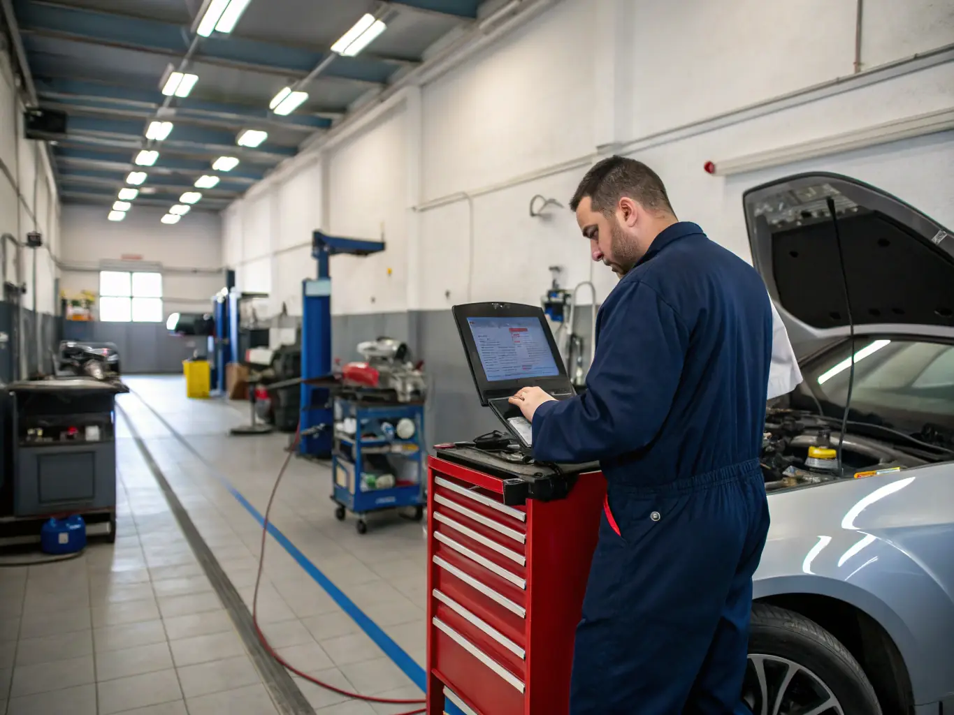 A mechanic performing a car check and full diagnostics on a vehicle in a well-equipped garage, showcasing the thoroughness of Caremates Mechanics' general services.