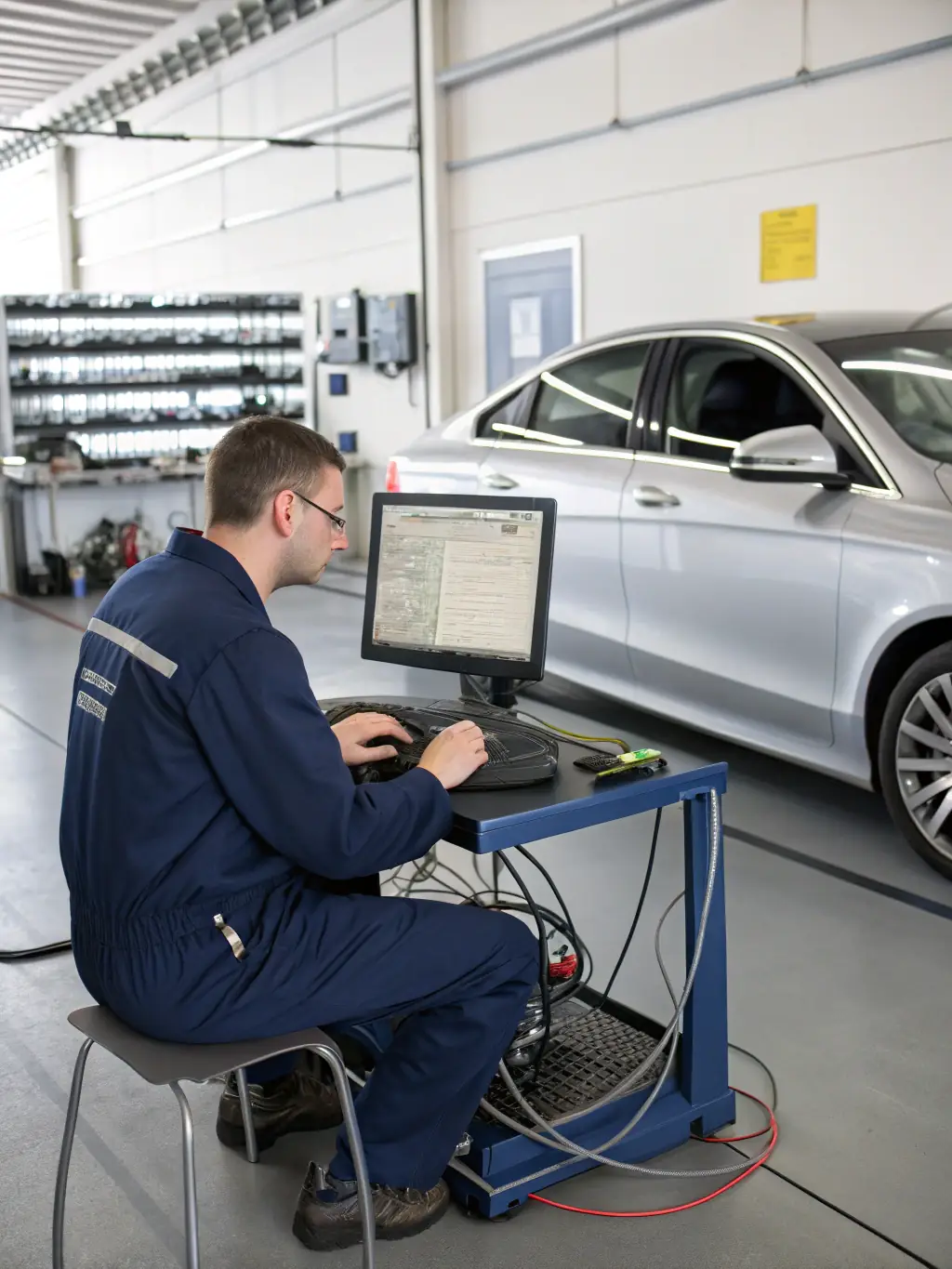 A mechanic performing a full vehicle diagnostic in a well-equipped garage, ensuring all systems are checked thoroughly.