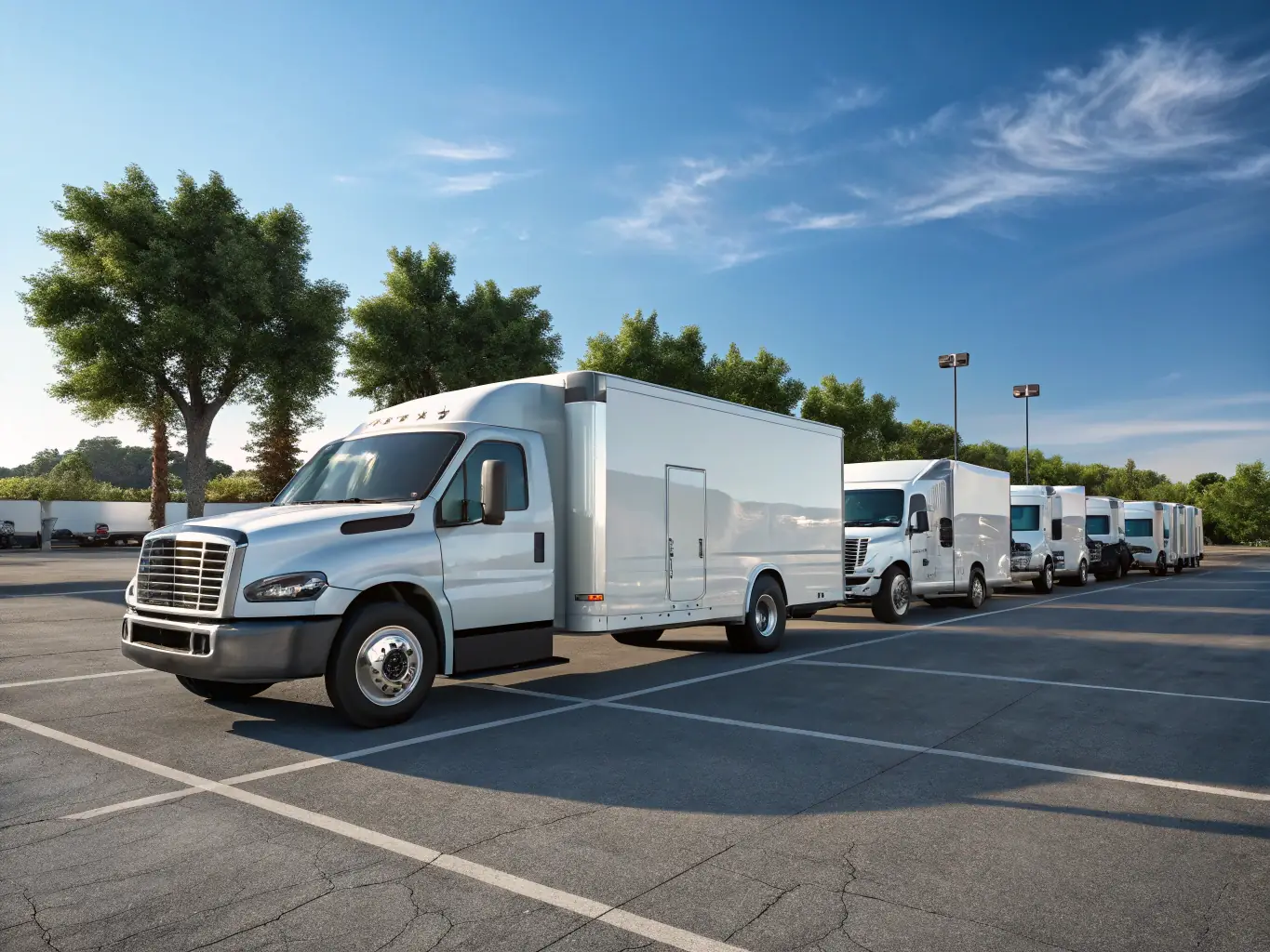 A row of well-maintained fleet vehicles parked neatly in a company lot, showcasing the benefits of regular fleet maintenance.