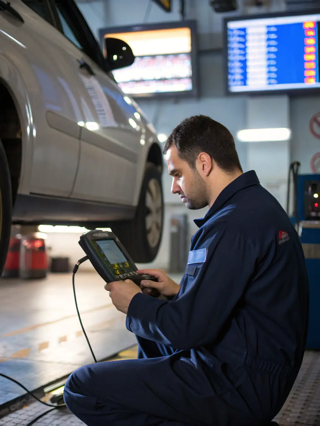 A mechanic diagnosing electrical issues in a car, highlighting the electrical and air conditioning repair services provided by Caremates Mechanics.