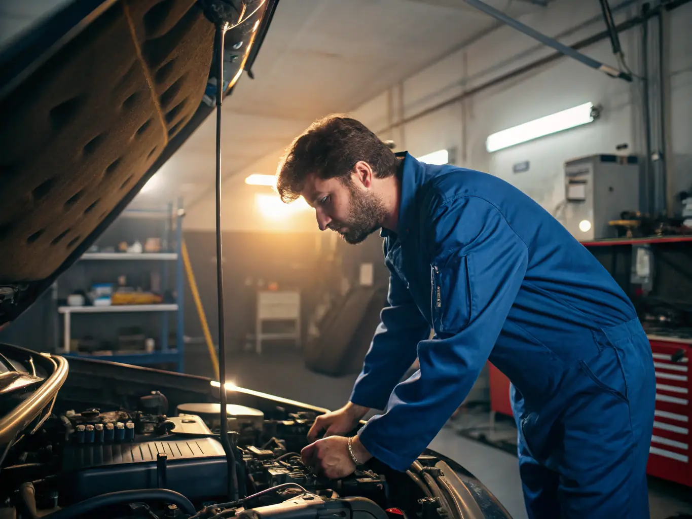 A mechanic repairing an engine, highlighting the expertise of Caremates Mechanics in engine and other critical repairs.