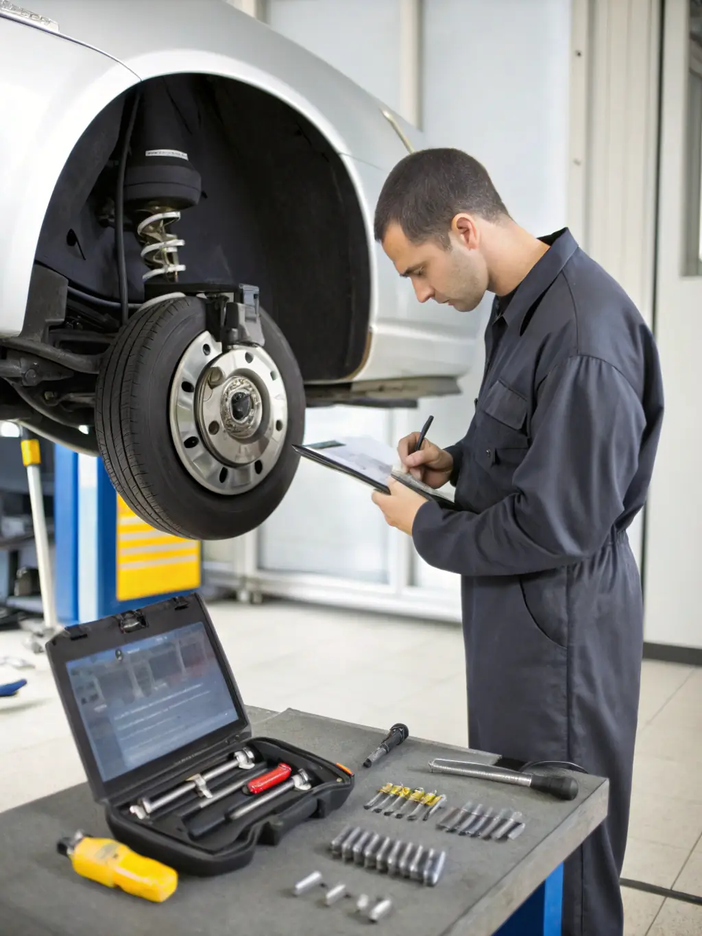 A mechanic replacing brake pads on a car, showcasing the brake and suspension repair services offered by Caremates Mechanics.